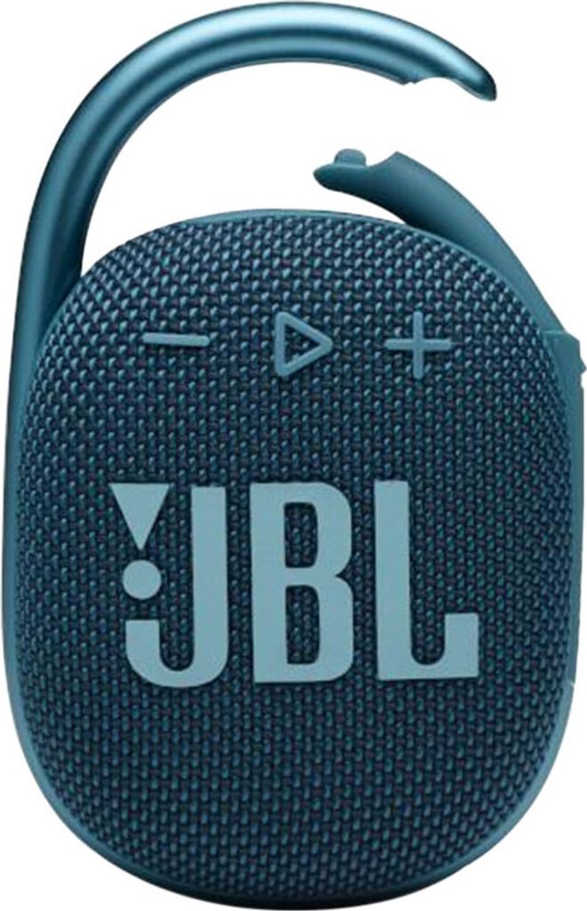 A close-up studio shot of a blue JBL Clip 4 Bluetooth speaker with its carabiner clip.