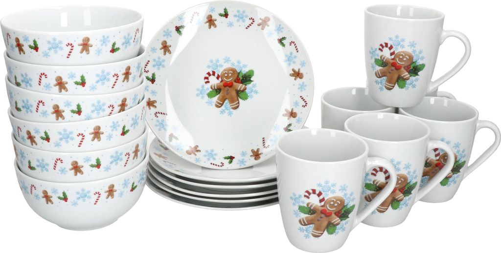 18tlg Frühststücksset Candyman Porzellan 6er Teller Becher Schalen Weihnachten Eisblau