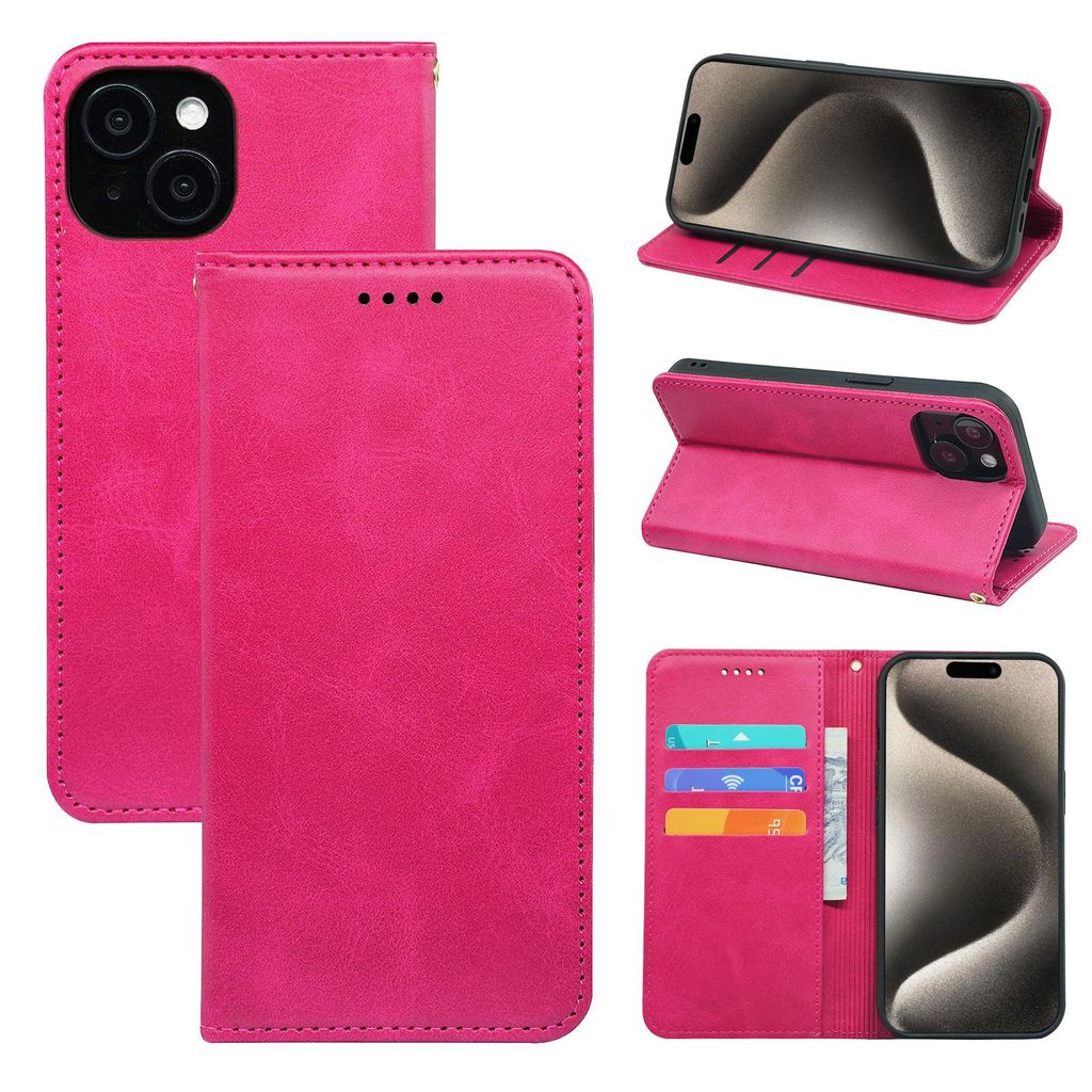Handyhülle fur iPhone 14/15/16/17pro max, Kunstleder Handyhülle, Magnetische, Klapphülle, mit Kartenfächern und Ständer, Roserot