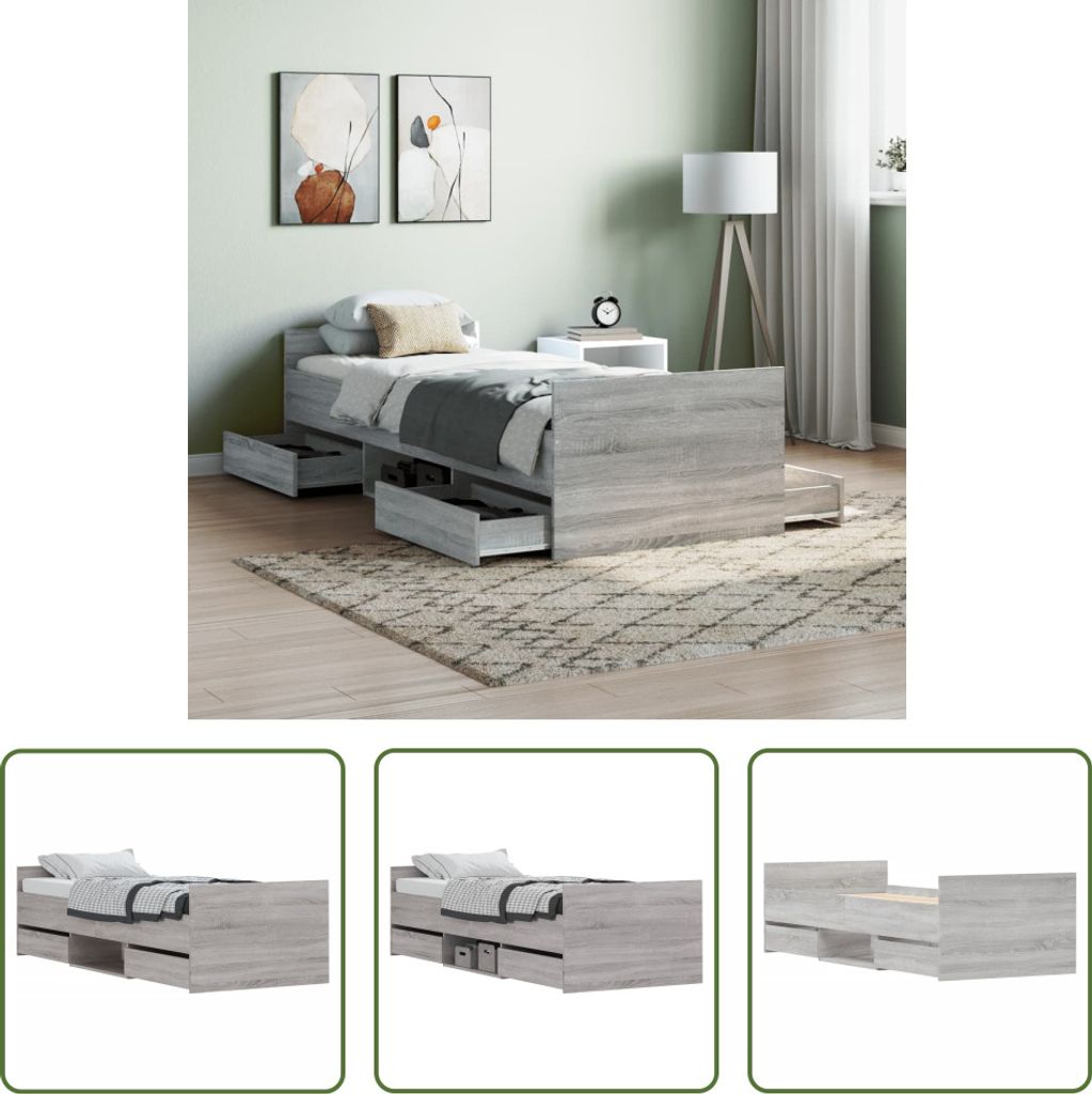The Living Store Bettgestell mit Kopf- und Fußteil Grau Sonoma 75x190 cm