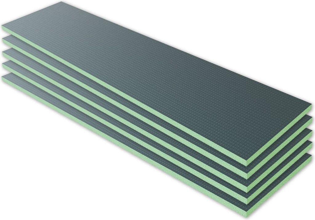 A stack of five gray construction boards with green edges, presented on a white background.