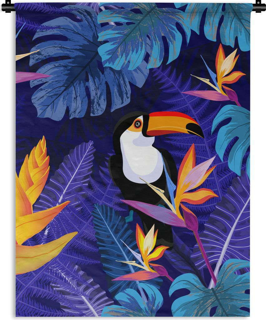 MuchoWow Wandteppich Wandbehang Dschungel - Tukan - Blumen - Pflanzen - Kinder - Lila - Tiere 60x80 cm Tapisserie Dekoration Wandtuch - Decke - W...