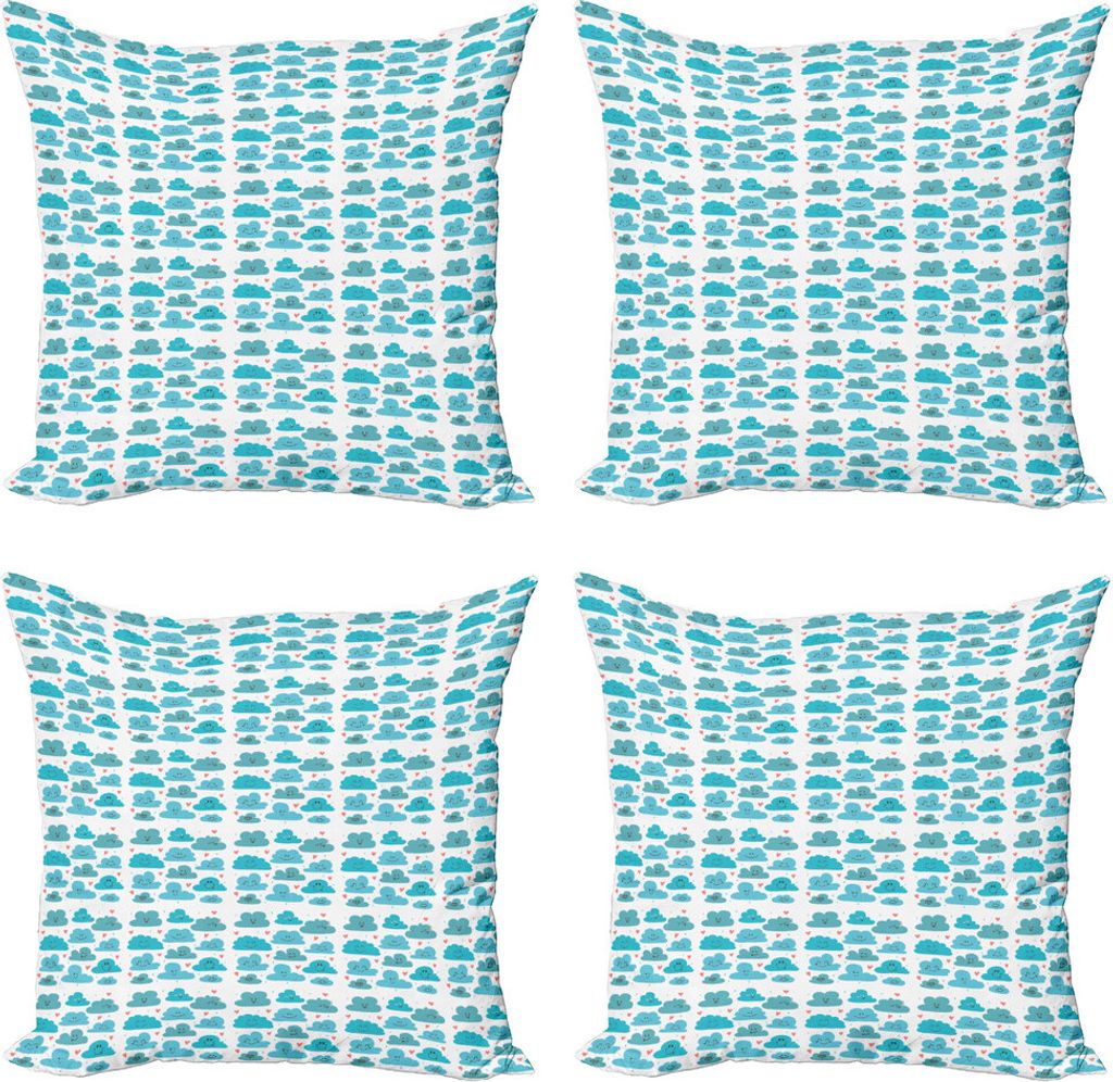 ABAKUHAUS Regen Kissenbezug Set (4 Stück), Emotions Doodle Wolken, Moderner Doppelseitiger Digitaldruck, 60 cm x 60 cm, Sky Blue Weiß und Coral
