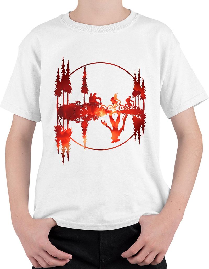 Mountainbike Wald Feuer Spiegelung Stranger Demogorgon Retro Geschenk Uni Kinder T-Shirt, Weiß, 116