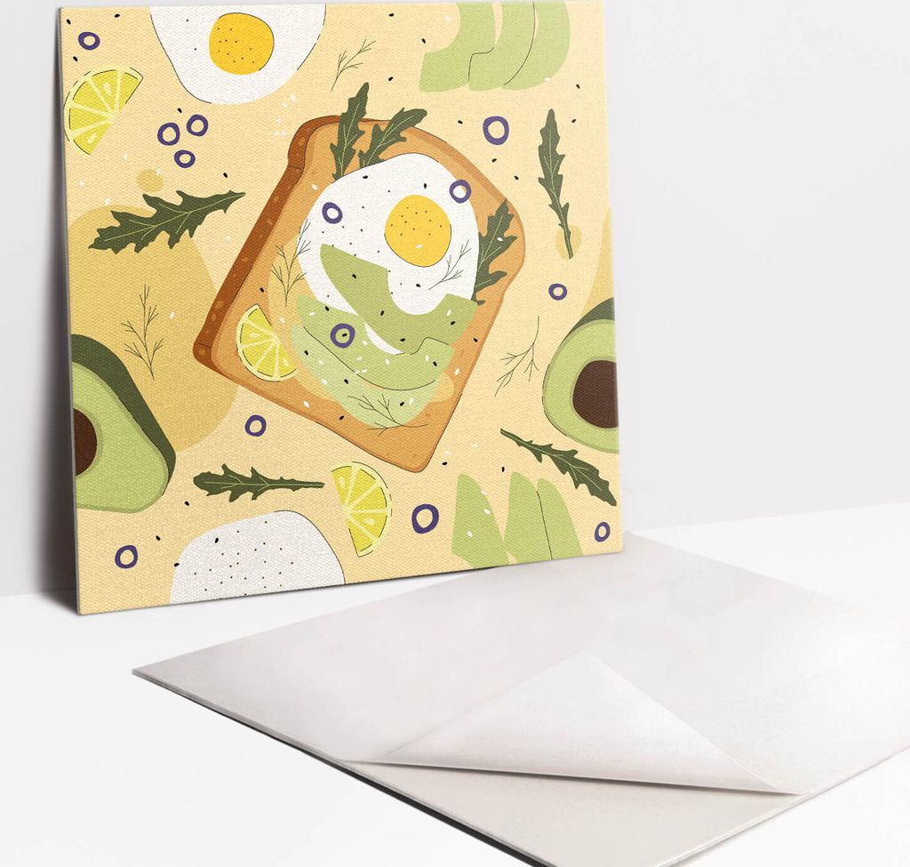 Fliesenaufkleber Set - 9 Stück Selbstklebende PVC Fliesen-Designs - Für Bad und Küche 30 x 30 - Toast mit Avocado und Ei
