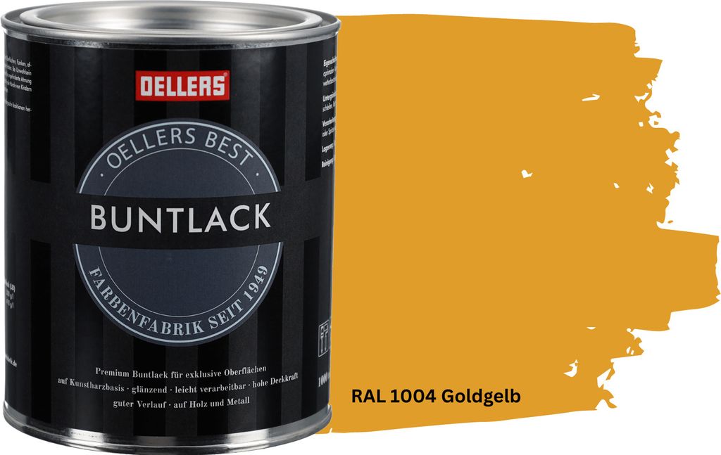 OELLERS Premium Buntlack 1L RAL 1004 Goldgelb Metalllack Holzlack Schutzlack Kunstharz glänzend