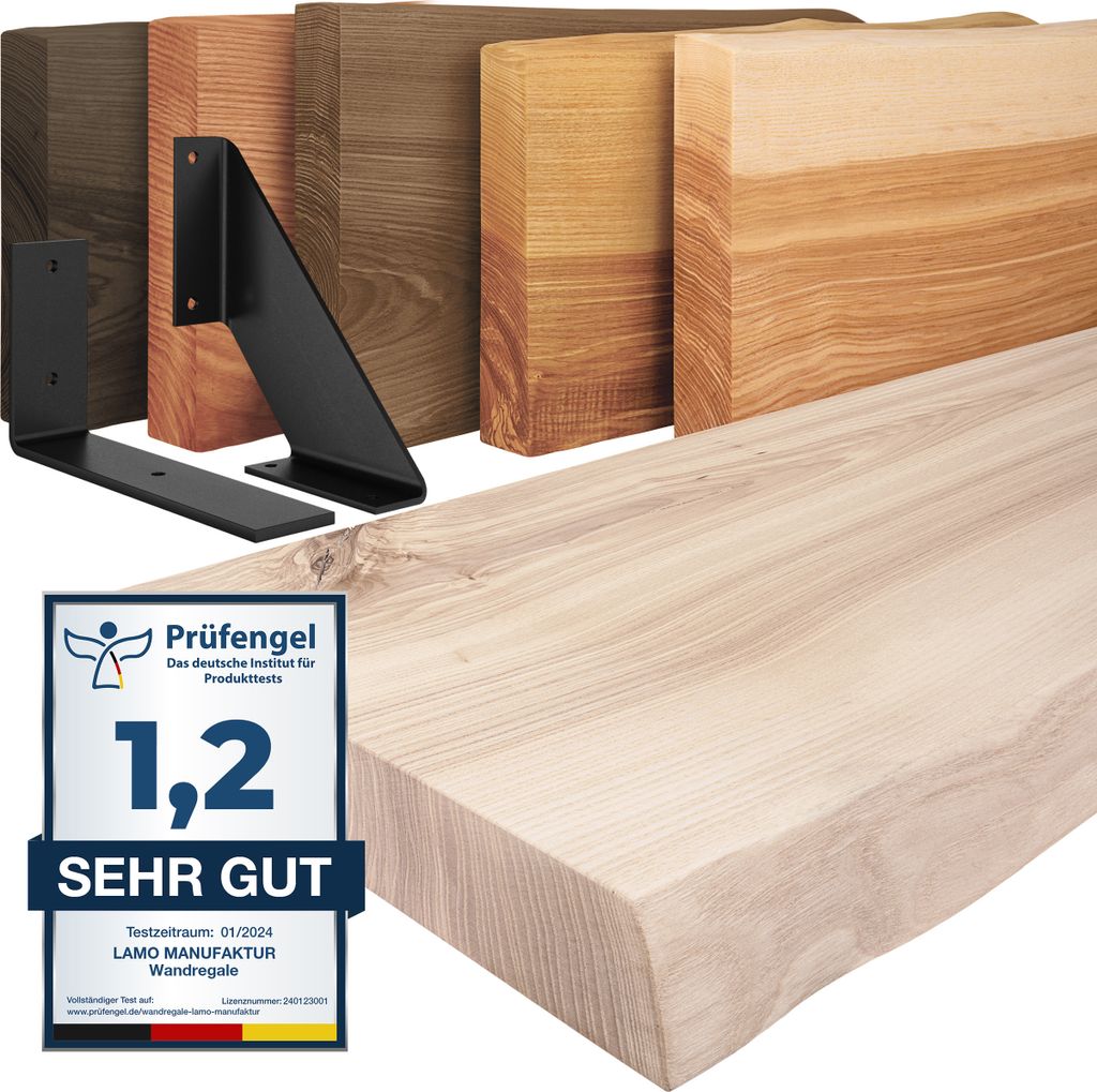 LAMO Manufaktur Wandregal Holz Baumkante | Regal Farbe: Roh | mit schwarzem Vintage Regalträger | 50 cm