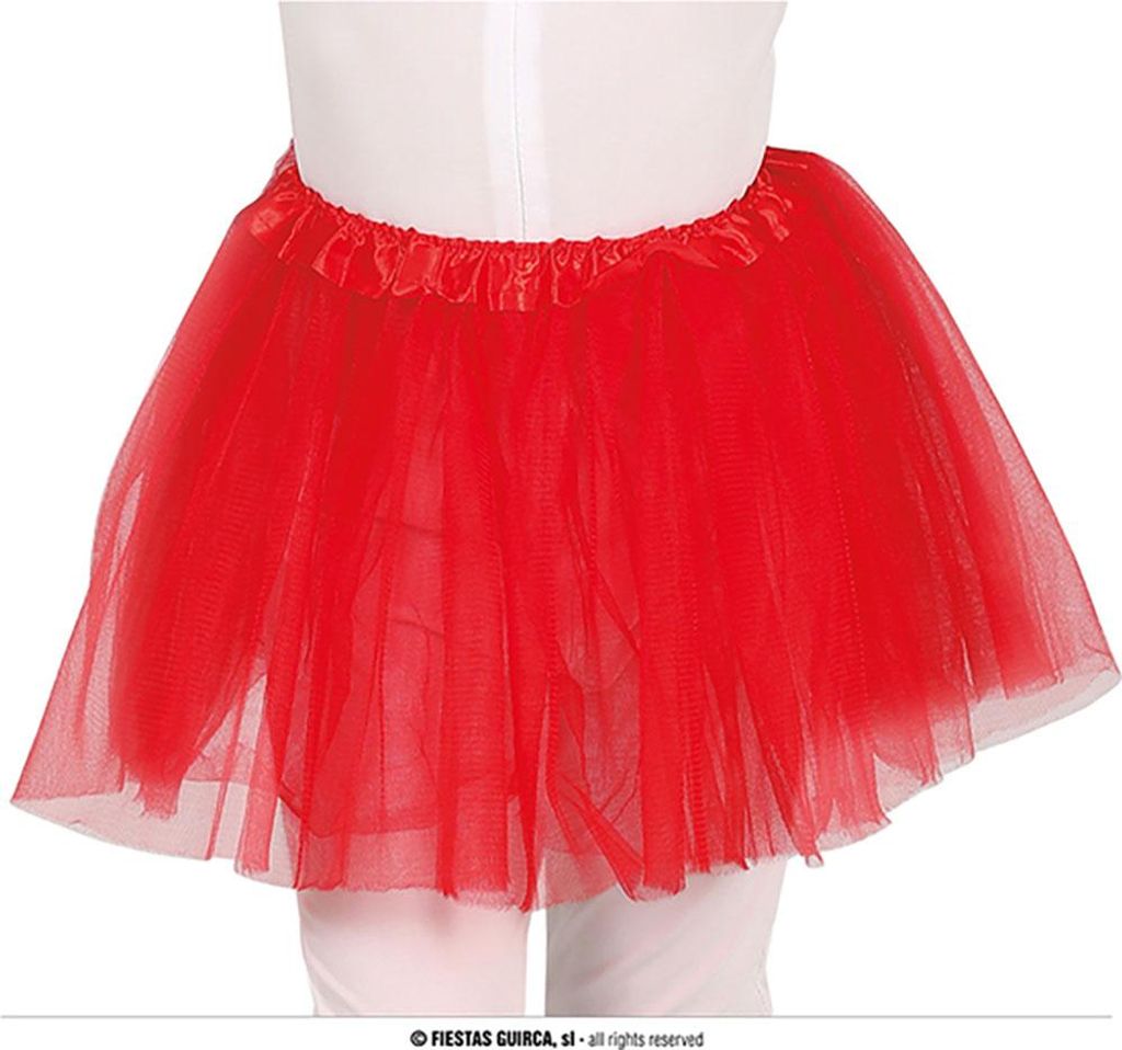 A red tulle tutu skirt shown on a mannequin or model.