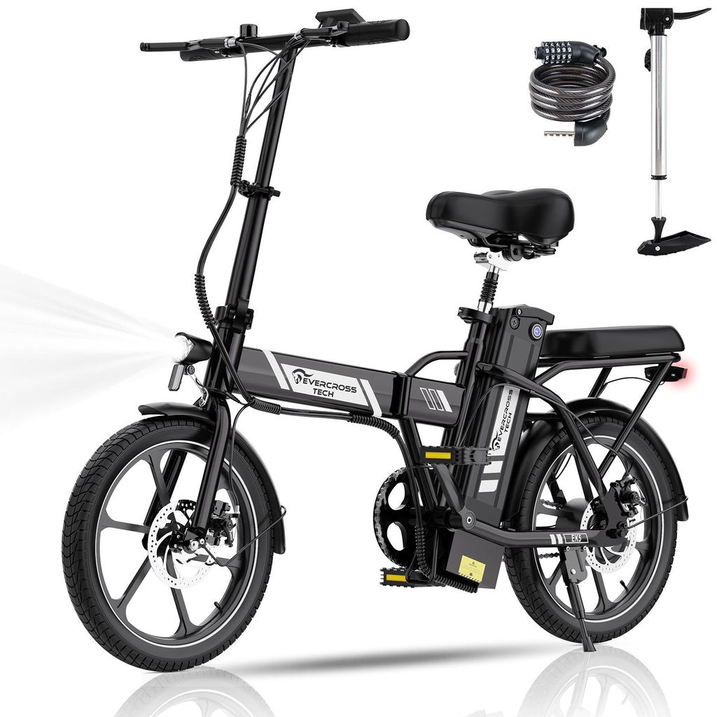 A black folding electric bicycle is shown against a white background, with accessories like a lock and pump displayed separately.