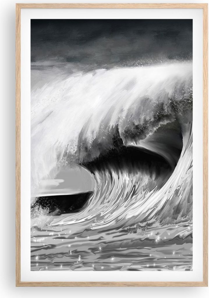 Gerahmtes Poster - Rahmen in heller Eiche - Welle Zeichnung Schwarzweiß - 61x91,5 cm - Wand Bild - Wanddeko - Wandbilder - Wandposter - Bilderrahm...