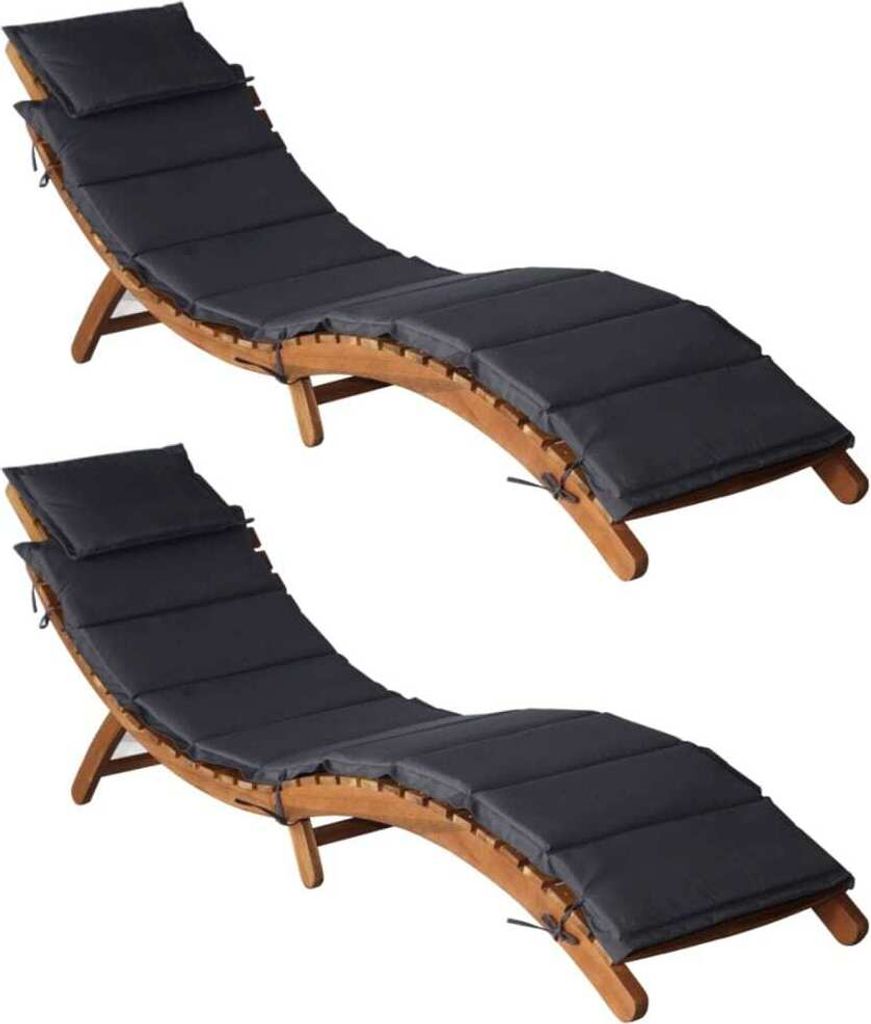 Sonnenliegen mit Auflagen 2 Stk. Dunkelgrau Massivholz Akazie
