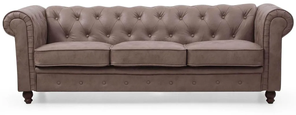 Grand Canapé Fixe 3 Places Style Chesterfield Marron Effet Cuir Vieilli