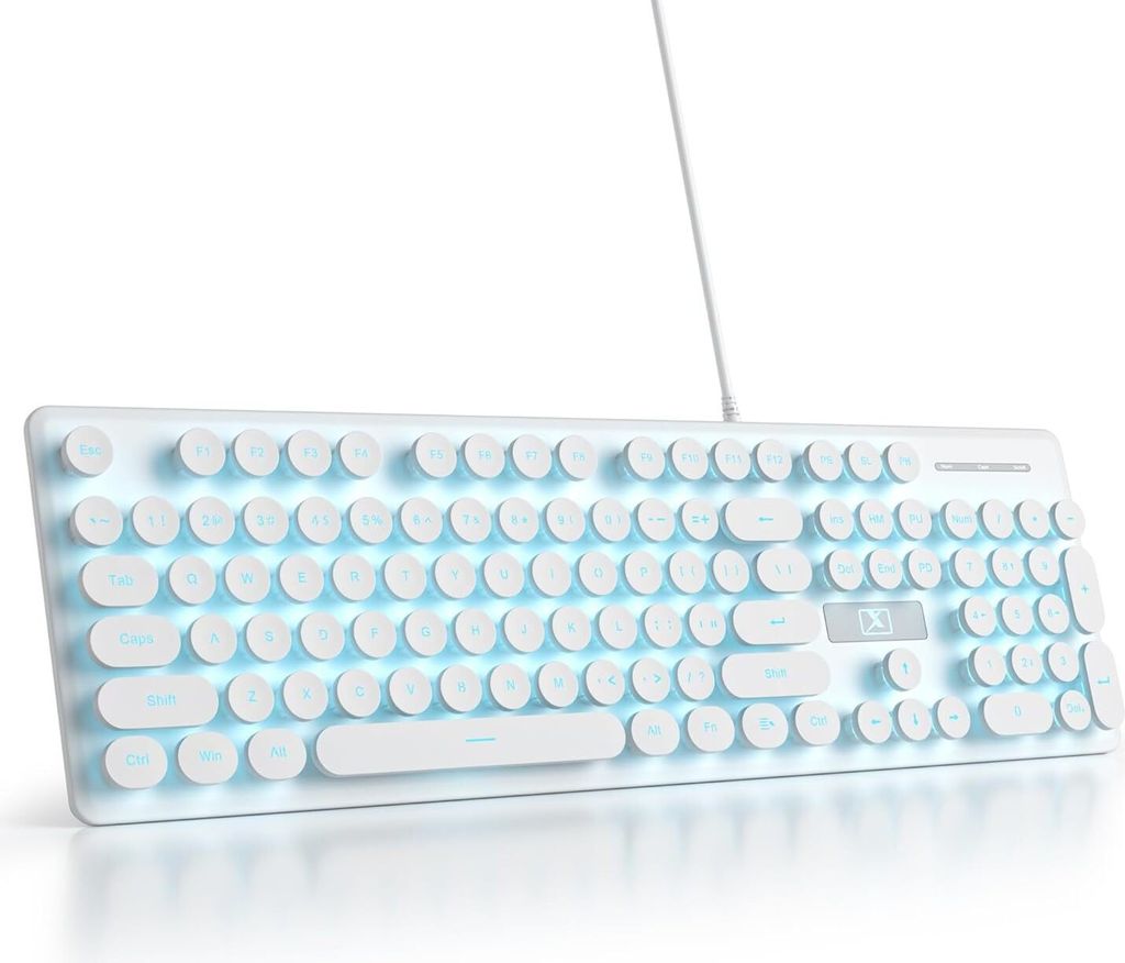 100%,Retro-Schreibmaschinentastatur,volle Größe,104 Tasten,USB kabelgebunden mit runden ABS Tastenkappen,schlanke kabelgebundene Folientastatur