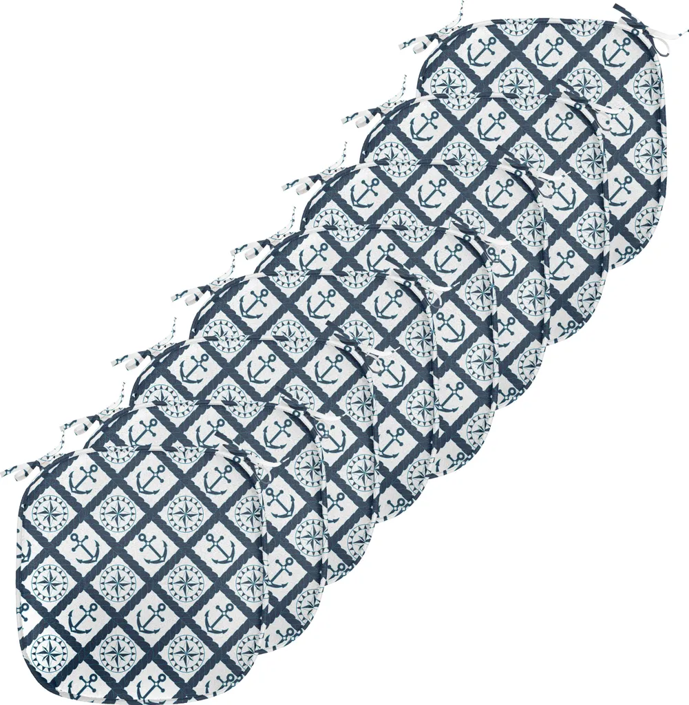 Lot de 8 coussins de chaise imperméables 40x40 cm décor marin indigo blanc
