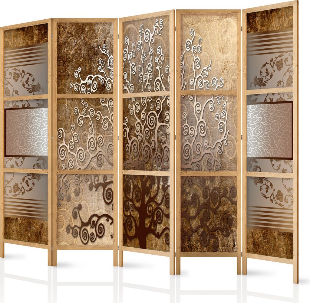 A five-panel room divider with an abstract tree of life design, standing on a white reflective surface.