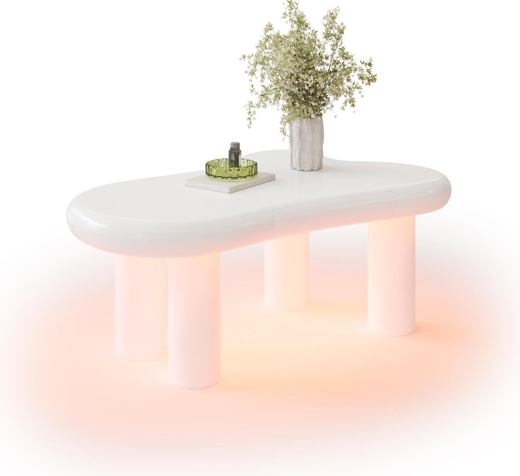 Weißer, wolkenförmiger Couchtisch aus MDF mit 16-farbiger LED-Beleuchtung und Schublade – Moderner Wohnzimmertisch mit Stauraum