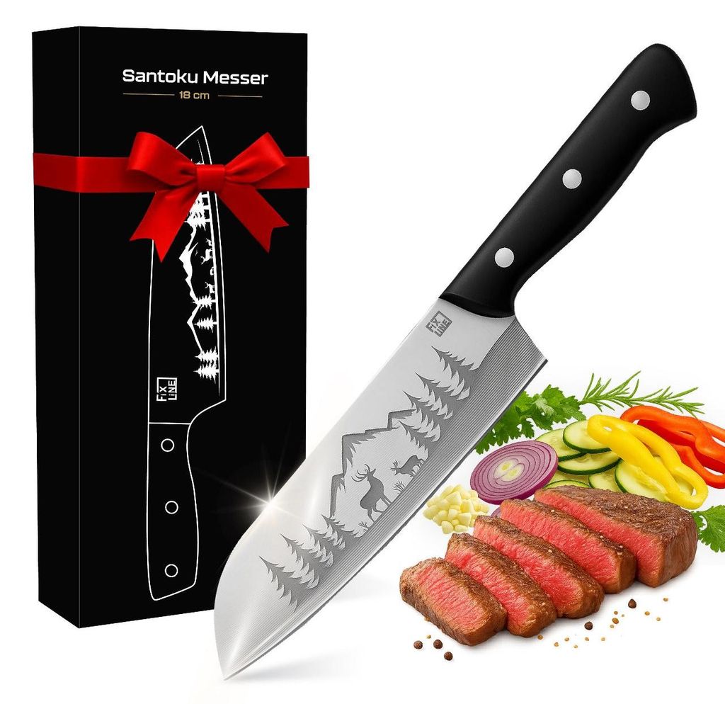 FIXLINE Santoku Messer 18cm Black Forest Edition – Profi-Küchenmesser, rostfrei, schwarzer Holzgriff, mit Geschenkverpackung