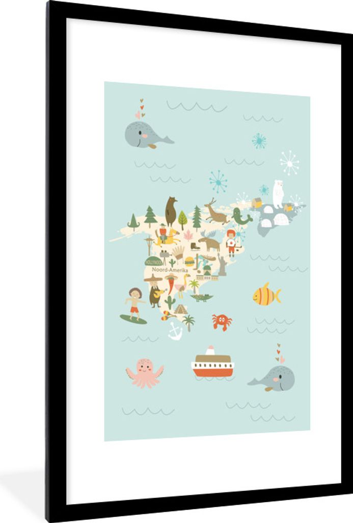 MuchoWow MuchoWow Gerahmtes Poster Weltkarte Kinder - Amerika - Farben 60x90 cm - Poster mit zchwarzem Bilderrahmen - Dekoration - Wandposter W...