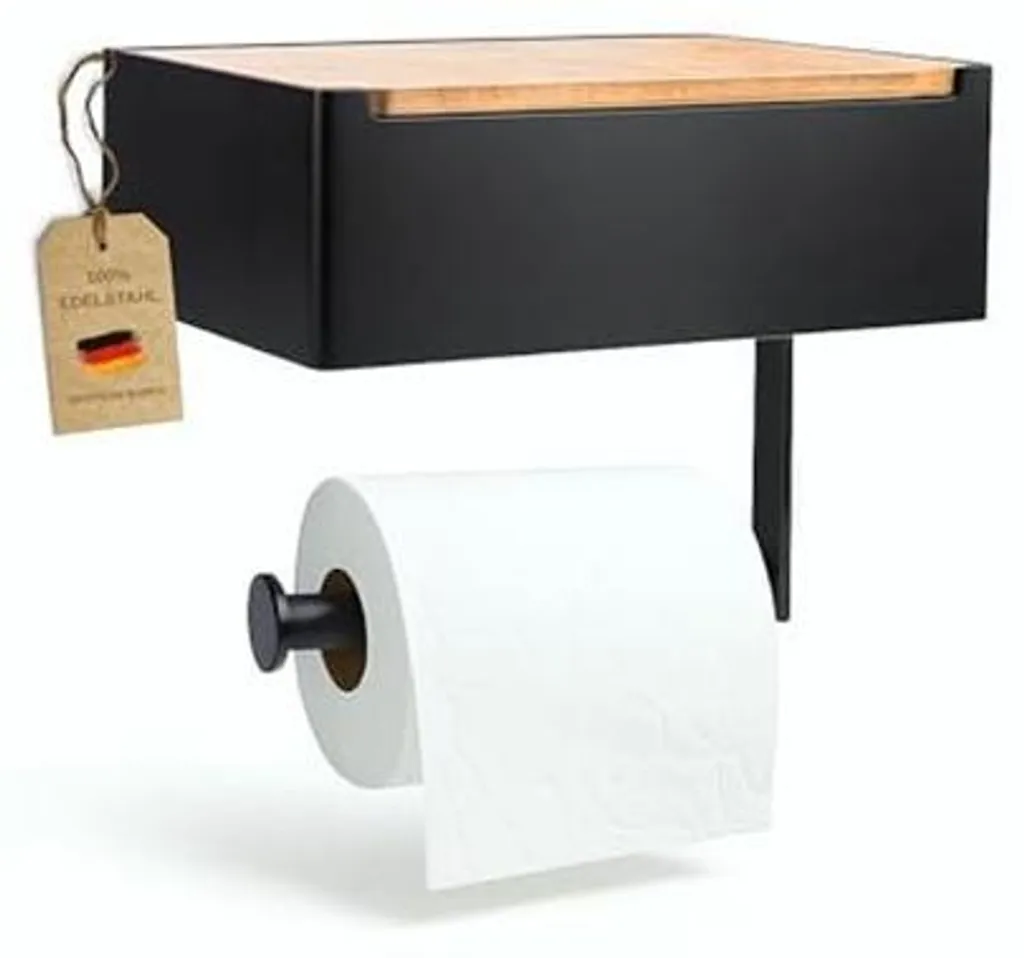 Dérouleur papier toilette mural en inox noir avec tablette bois de bambou