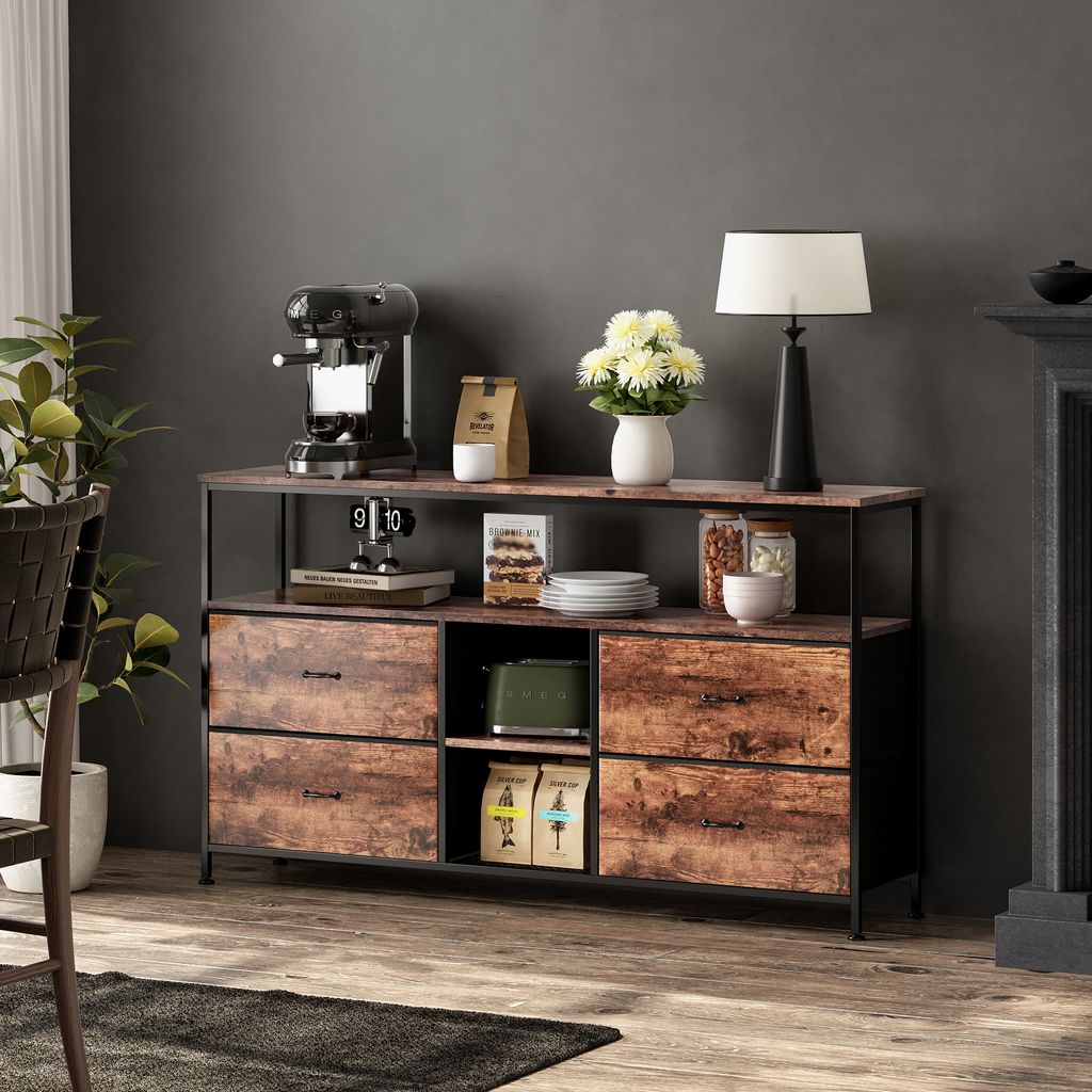 108 cm breites Buffet mit LED-Beleuchtung, 4 Schubladen, verstellbaren Füßen, Eisengestell, Vintage-Stil, Holz