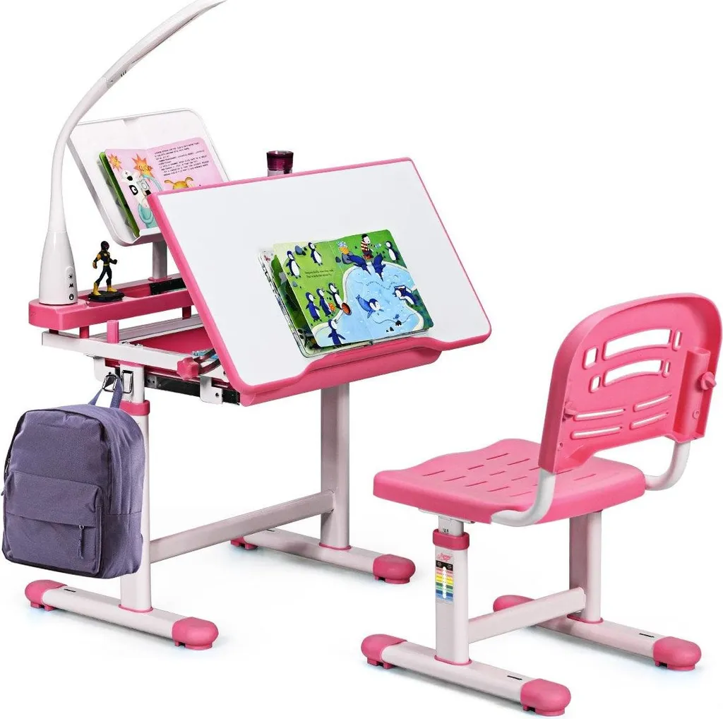 Bureau étudiant rose inclinable pour enfant avec lampe LED et sa chaise - 4