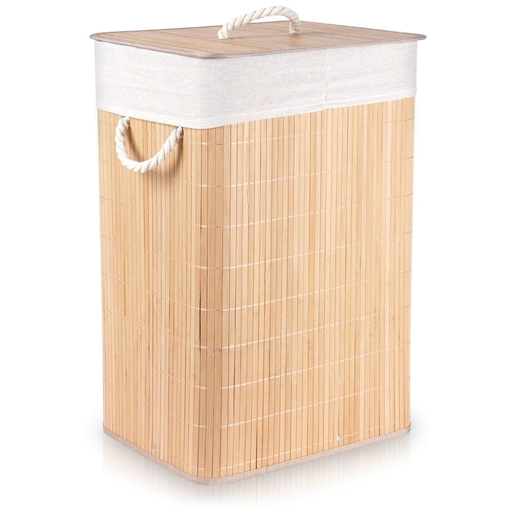 A standalone laundry basket made of bamboo with a fabric lining and lid.