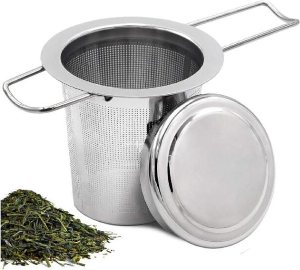 Teesieb mit Deckel/Abtropfschale, Edelstahl-Teesieb für losen Tee, klappbarer Griff, passend für die meisten Tassen und Teeschalen.