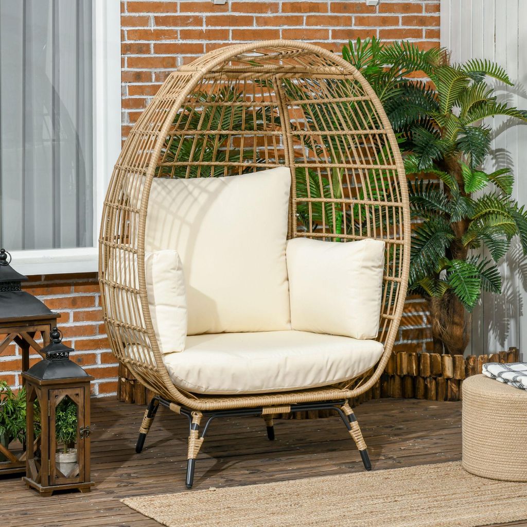 Gartenstuhl Polyrattan Lounge-Sessel mit 12cm Kissen Wetterfest & Höhenverstellbar Balkonstuhl Korbstuhl Khaki Beige