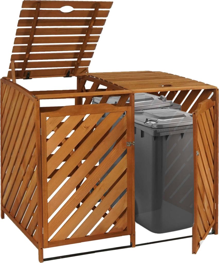 XL 2er-/4er-Mülltonnenverkleidung HWC-J44, Mülltonnenbox, erweiterbar 121x133x98cm Holz MVG- braun