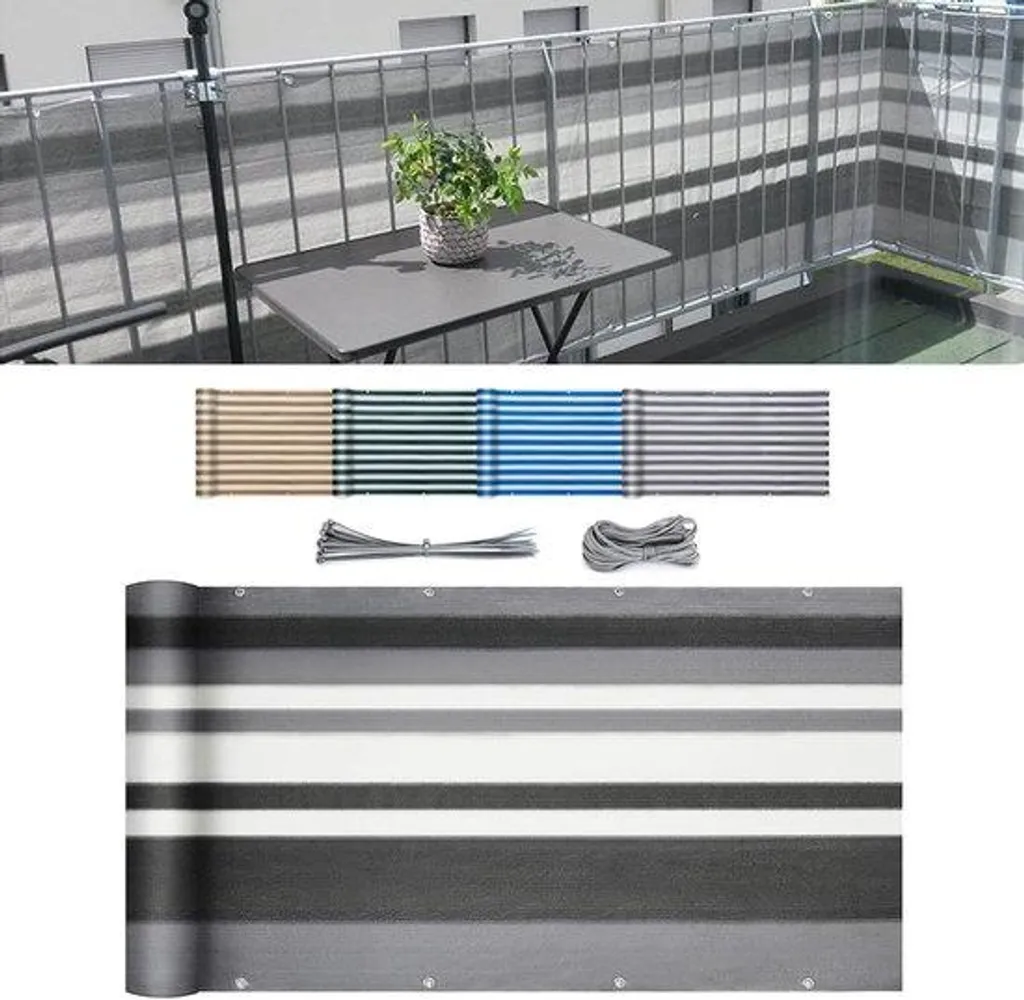 Protection balcon pour intimité et vent - Gris rayé avec corde nylon
