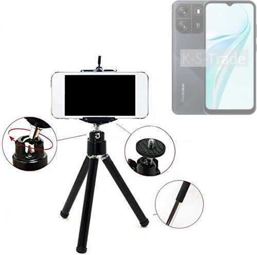 K-S-Trade Smartphone Stativ Dreibein kompatibel mit Blackview Wave 6C Tripod aus Aluminium Klemmstativ Stativ Adapter für Mobiltelefone schwarz 1x