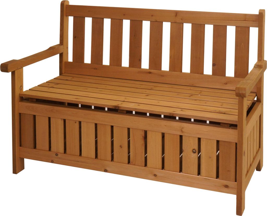Gartenbank HWC-L68 mit Stauraum, Truhenbank Sitzbank Staufach Aufbewahrung, Outdoor Tanne Holz 114cm, braun