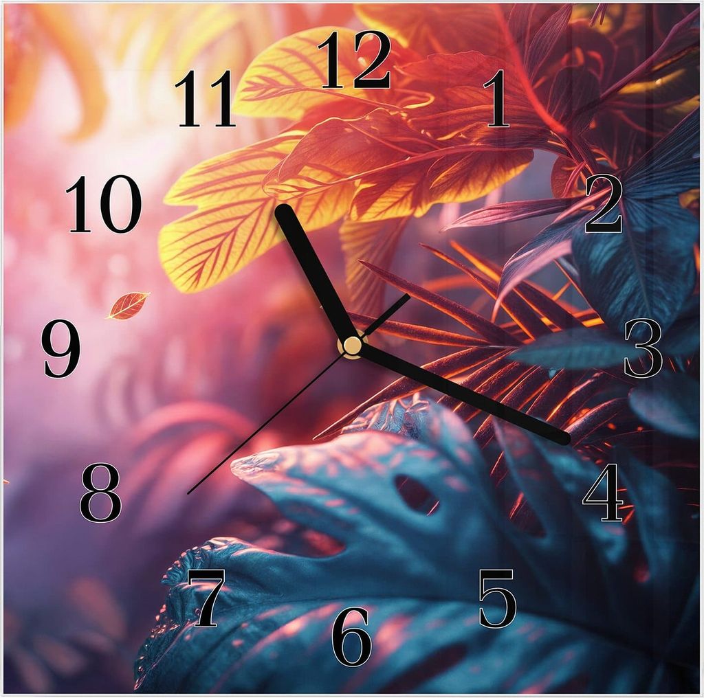 Wanduhr aus Glas mit Motiv Lichtdurchfluteter Dschungel- 30 x 30 cm - inkl. Aufhängesystem