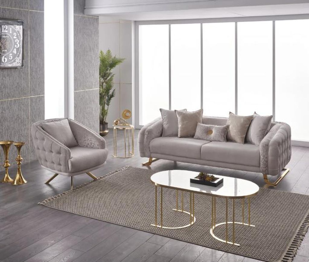 Garnitur Dreisitzer Sessel Couch Stoff 2tlg Polstersofa Sofa Grau Set