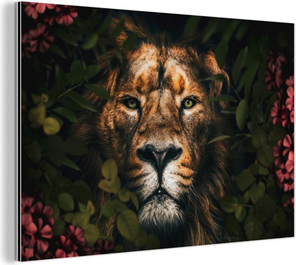 MuchoWow Wanddekoration Metall Metallbild Wandkunst 30x20 cm Dschungel - Löwe - Blumen - Pflanzen MuchoWow Aluminium Gemälde - Aluminiumgemälder