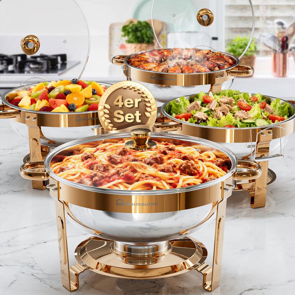 WARMOUNTS 4er Set Chafing Dish Buffetwärmer 5QT Edelstahl Rund Roségold mit Glasdeckel & Deckelhalter Stapelbar für Catering & Events
