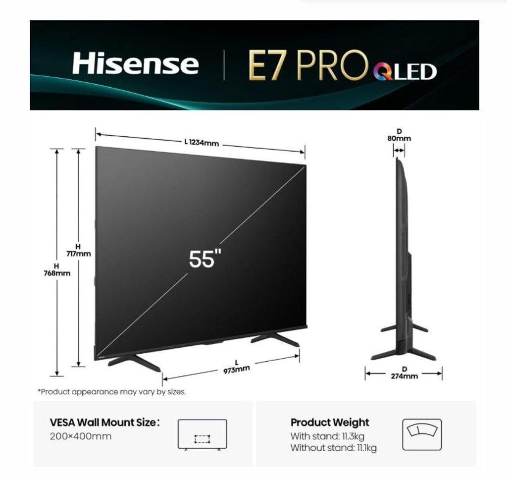 Hisense 55E7Q PRO, 139,7 cm (55"), 3840 x 2160 px, QLED, Zdjęcie produktu 