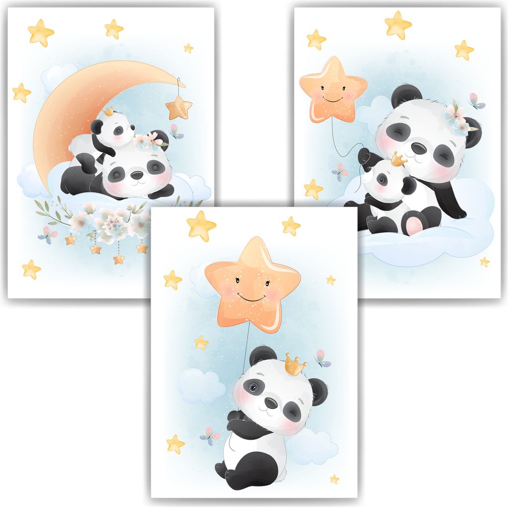 3er Set Poster für Kinderzimmer Bilder Babyzimmer Babyparty Kinderposter Panda Blau – DIN A3 (29.7x42cm)