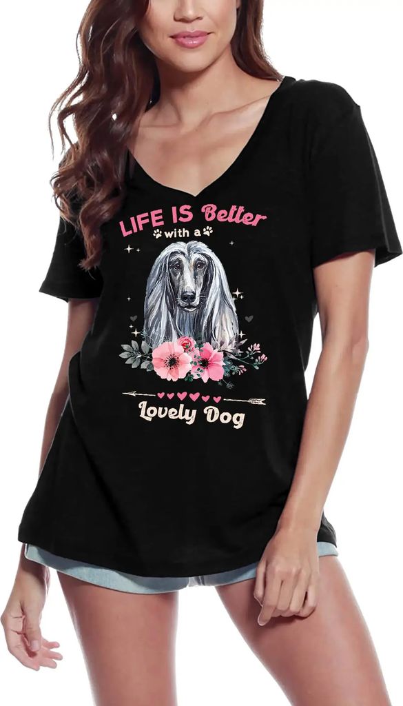 Damen Grafik T-Shirt V-Ausschnitt Das afghanische Leben ist besser mit einem lieben Hund – Afghan Life Is Better With A Lovely Dog