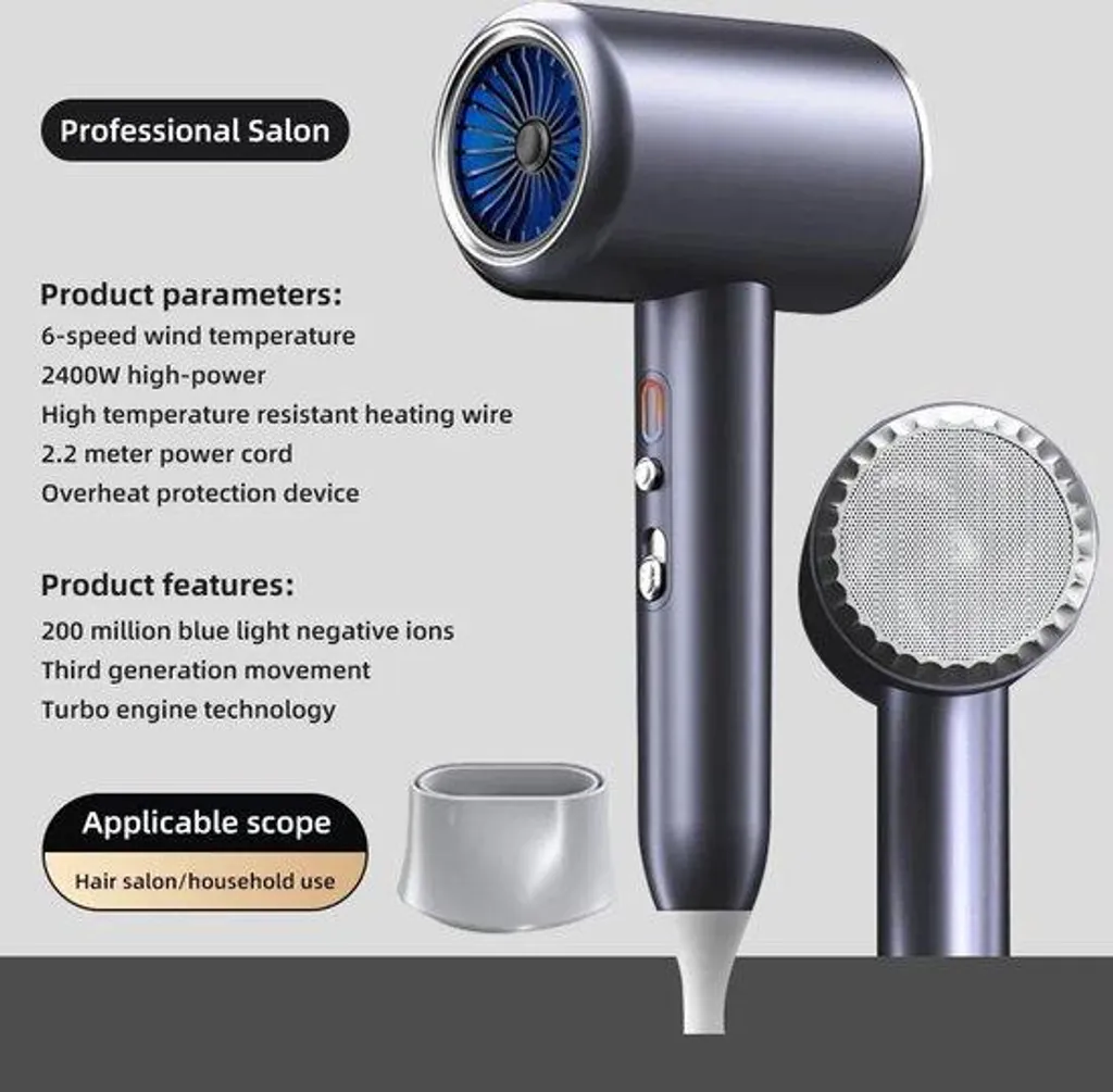 Sèche-cheveux 2400W Turbo - Moteur puissant et 6 réglages précis - Gris