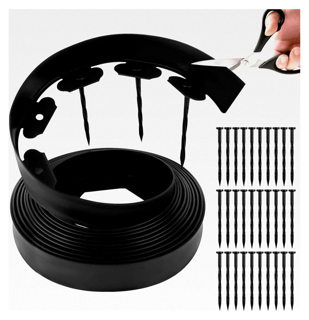 Kunststoff Rasenkante 10m, Flexible Raseneinfassung Höhe 5cm mit 30 Erdankern, Beetumrandung, Gartenzaun, Beetbegrenzung - Schwarz