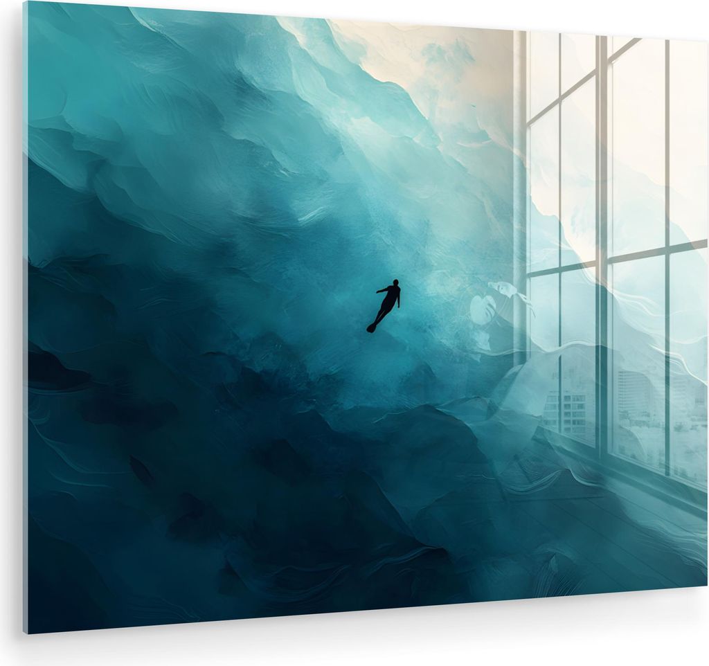 MuchoWow Glasbilder - Bilder auf Wandbild - Foto auf Glas Meer - Silhouette - Abstrakt - Blau 40x30 cm Wanddekoration aus Glas - Acrylglasbild - Ac...