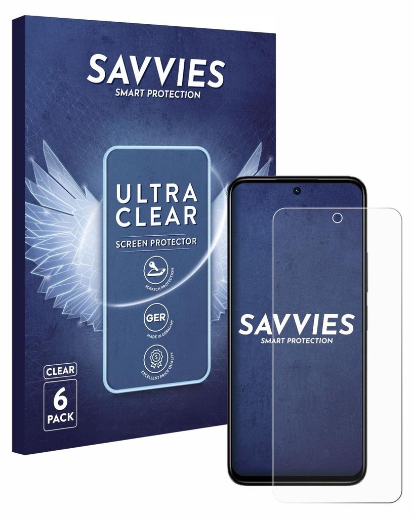 A product box and a smartphone with a screen protector are shown.