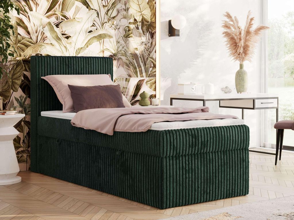 MKS MEBLE Boxspringbett 90x200 TILIANO, Einzelbett mit Multipocket-Matratze, Stauraumbett, gepolstert Kopfteil - Topper T25 - H3 - Dunkelgrün Cord...