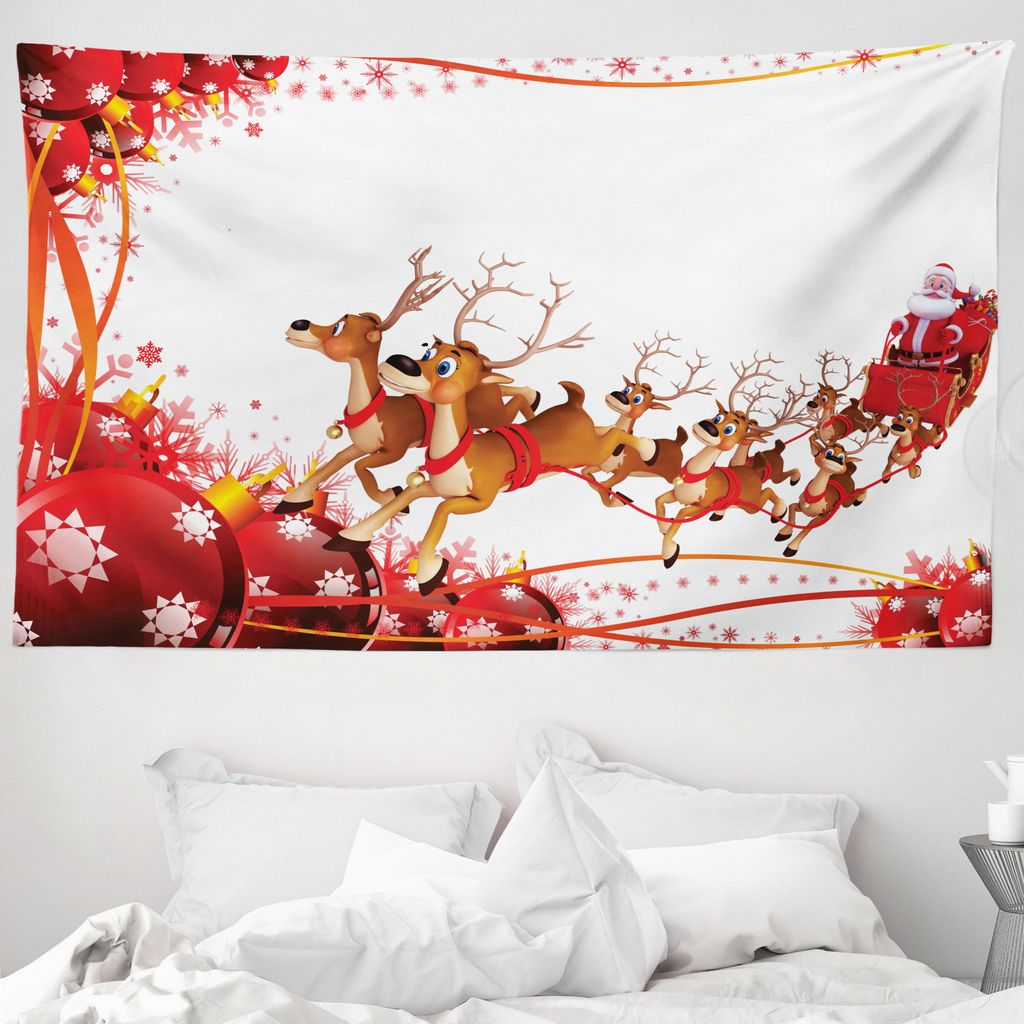 ABAKUHAUS Weihnachtsmann Wandteppich, Weihnachtskugeln und Rentiere aus Weiches Mikrofaser Stoff Waschbar ohne Verblassen Digitaldruck, 230 x 140 c...