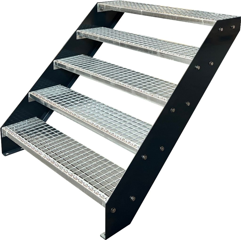 Gitterrost Stahl Wangentreppe 5 Stufen Verzinkt & Anthrazit Pulverlackierte Wangen - (L x B x H) 101cm x 60cm x 95cm