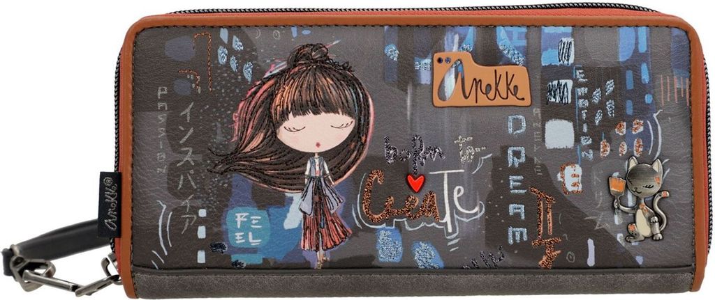A wallet with a cartoon illustration of a girl and a cat, set against a background of city lights and Japanese text.