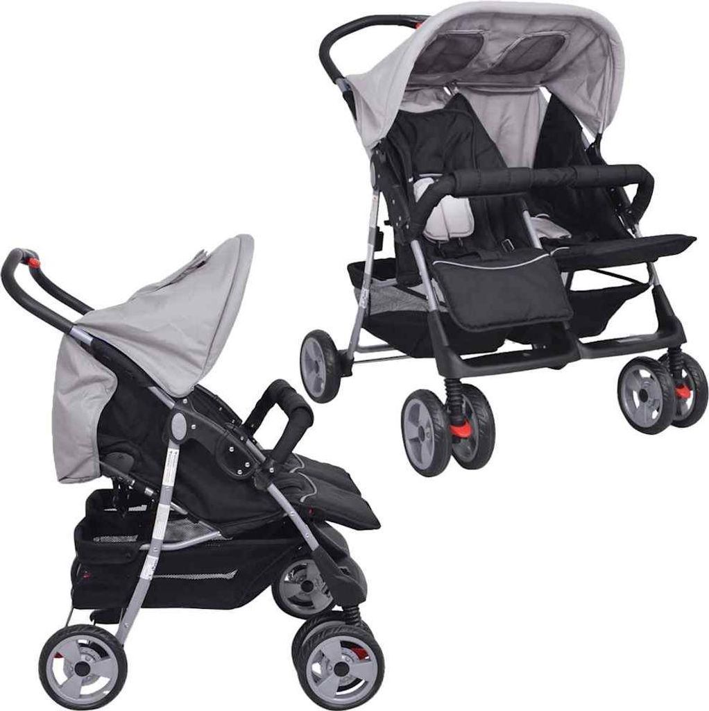 vidaXL Zwillingskinderwagen Stahl Grau und Schwarz