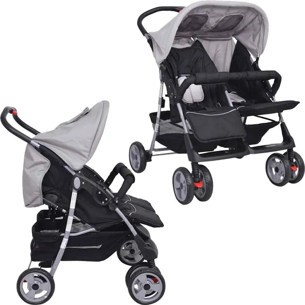 Poussette côte à côte vidaXL gris et noir idéale pour la ville