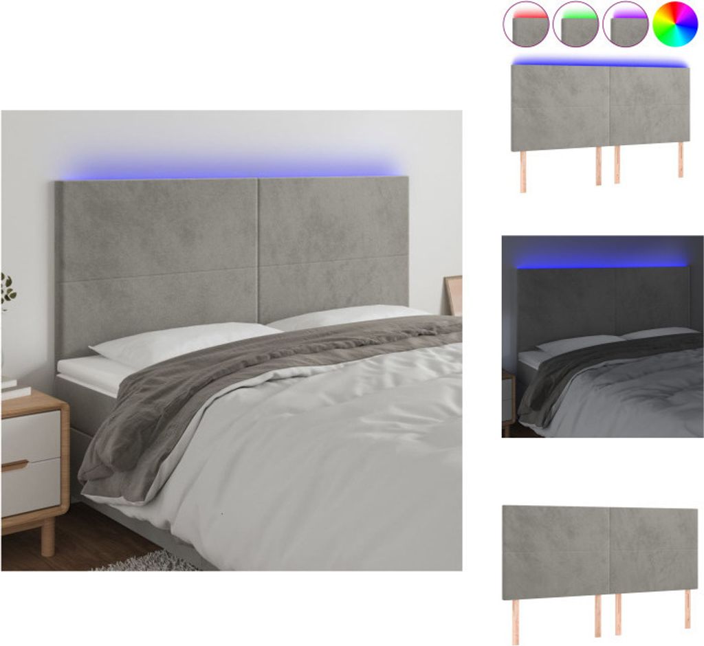 vidaXL LED Kopfteil Hellgrau 200x5x118/128 cm Samt - Kopf- & Fußenden